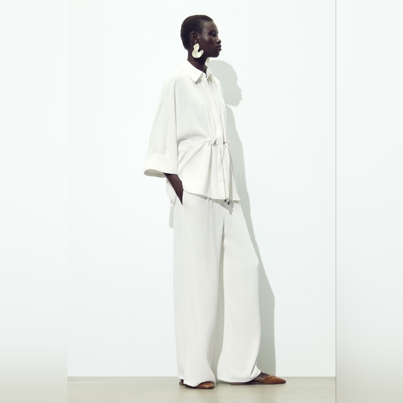 ZARA 2 PIECES SET GATHERED KIMONO SHIRT AND CREPE WIDE LEG PANTS SIZE XS/S - Picture 2 of 15